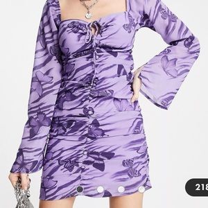 ASOS DESIGN keyhole mini dress with buttons in purple butterfly print